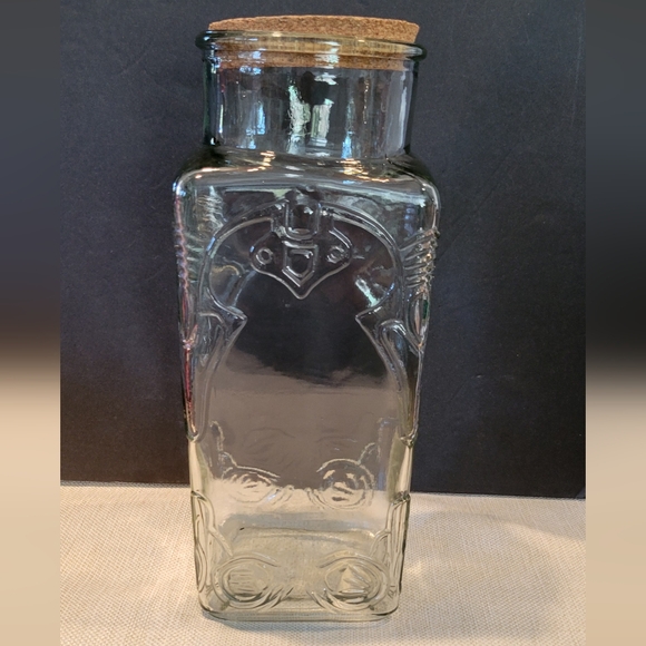 Ornate Embossed Clear Glass Apothecary Canister Cork Lid Large - Picture 6 of 10